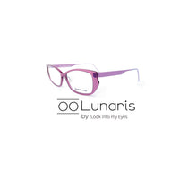 Purple cat-eye eyeglasses with a translucent frame and clear lenses, displayed on a clean white background with the brand name 'Lunaris' and logo.