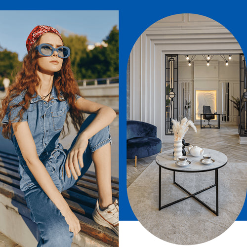 young girl in blue sunglasses and blue jeans with chic interior contrast