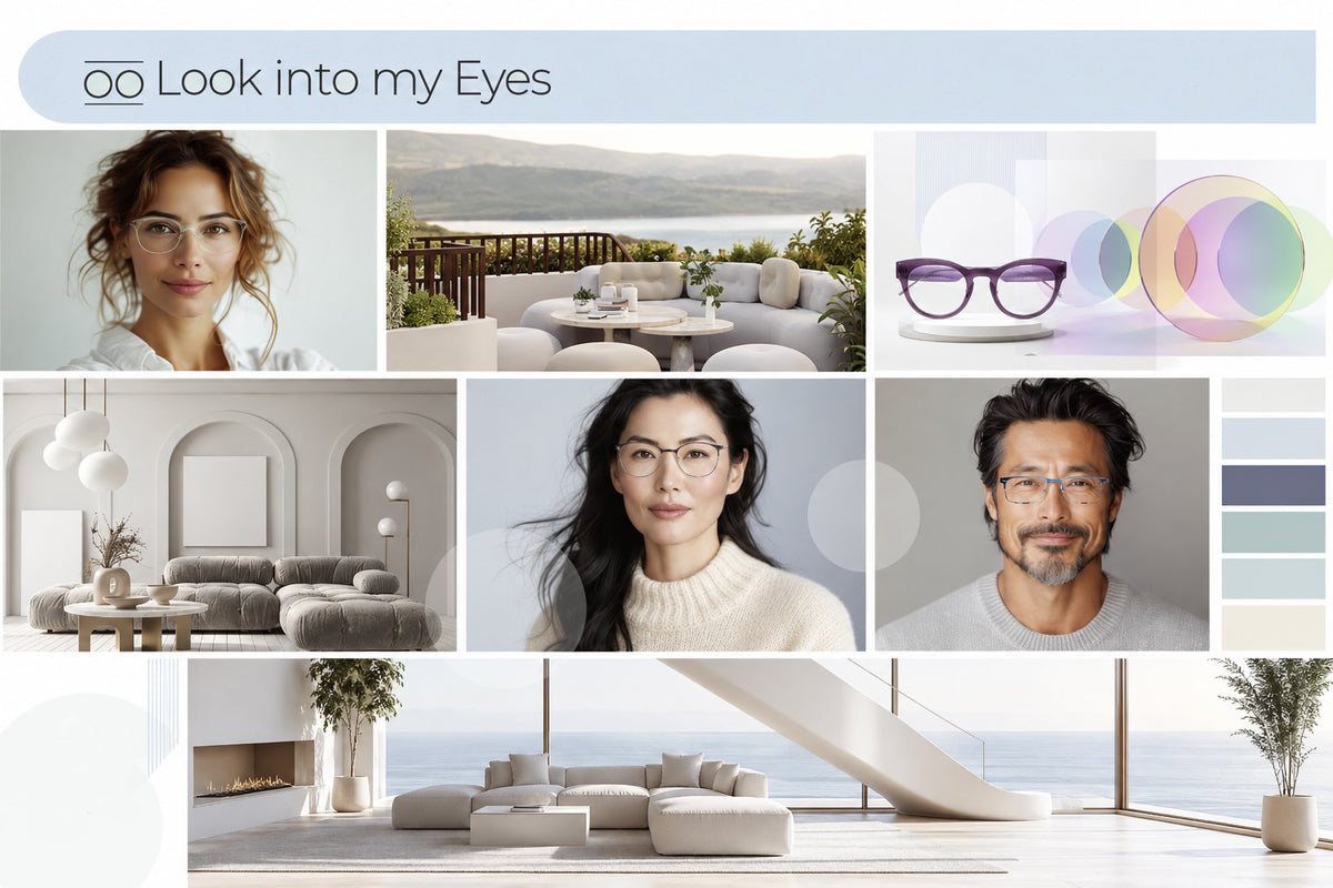 A collage-style promotional graphic for eyeglasses and eyewear color options. The top banner reads 'Look into my Eyes.