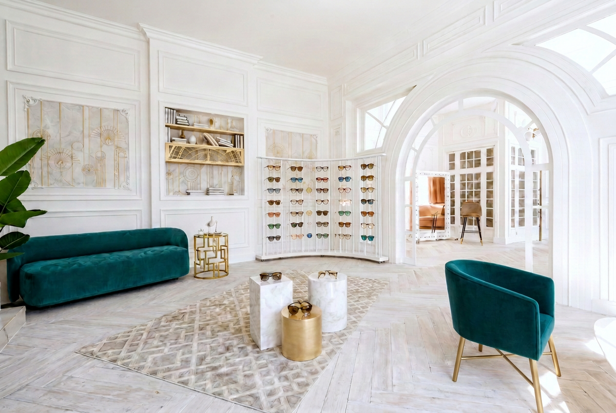 A luxury interior showroom with white arched walls, a teal velvet sofa, a matching accent chair, and a gold-framed folding display rack filled with sunglasses. White marble and gold accents complete the elegant room.